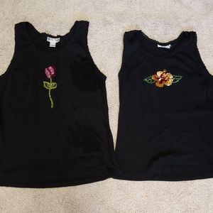 Sequin Flower Beaded Ribbed Black Tank 2pc